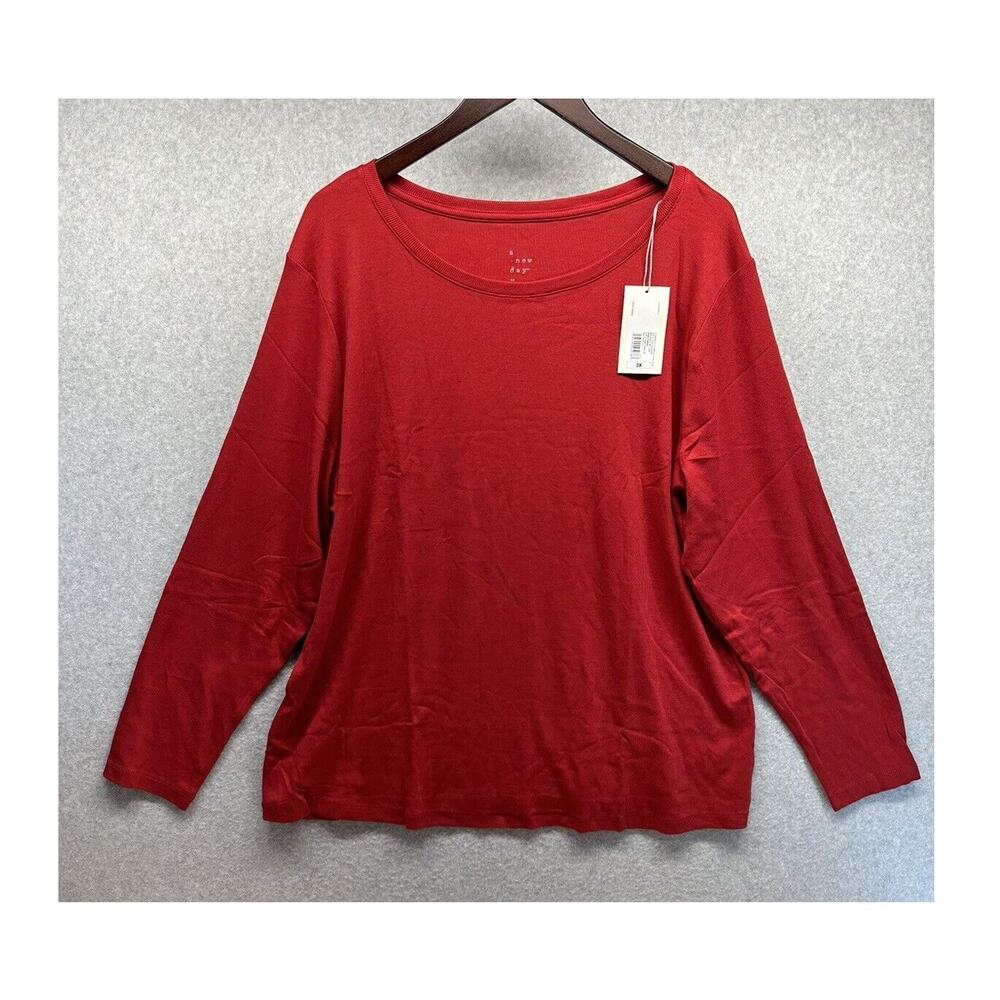 A New Day Womens T-Shirt Long Sleeve Size 3X Round Neck Red Ribbed NWT